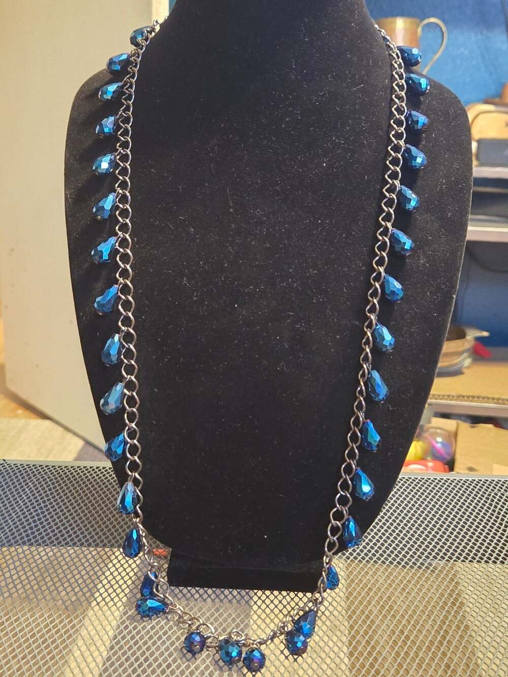 Vintage Blue Glass Dangle Necklace